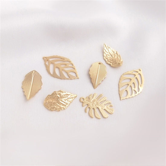 Image de 2 Pcs Breloques en Laiton Respectueux de la Nature Feuille Plaqué Or Véritable 14K