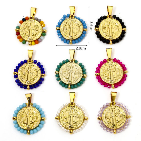 Immagine di 1 Pz 304 Acciaio Inossidabile Religione Ciondoli Pendenti Tondo Oro Placcato Medaglia di San Benedetto in Rilievo 3.6cm x 2.8cm
