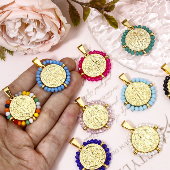 Immagine di 1 Pz 304 Acciaio Inossidabile Religione Ciondoli Pendenti Tondo Oro Placcato Medaglia di San Benedetto in Rilievo 3.6cm x 2.8cm