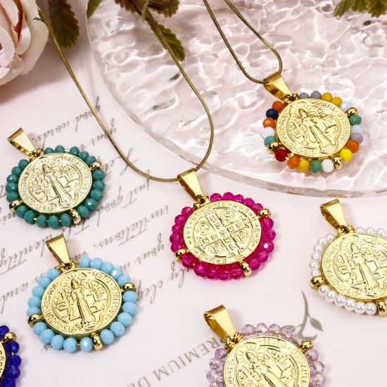 Immagine di 1 Pz 304 Acciaio Inossidabile Religione Ciondoli Pendenti Tondo Oro Placcato Medaglia di San Benedetto in Rilievo 3.6cm x 2.8cm