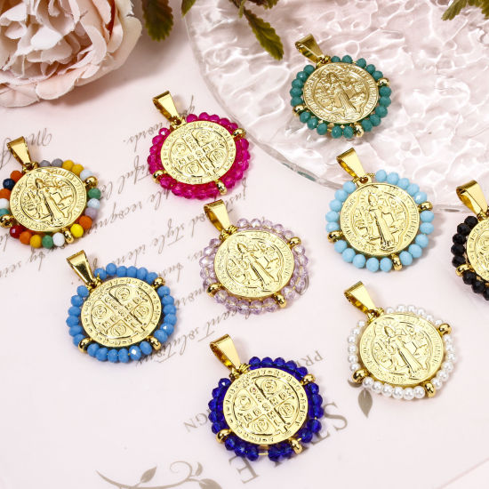 Immagine di 1 Pz 304 Acciaio Inossidabile Religione Ciondoli Pendenti Tondo Oro Placcato Medaglia di San Benedetto in Rilievo 3.6cm x 2.8cm