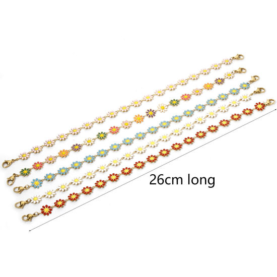 Picture of 1 Piece Vacuum Plating 304 Stainless Steel Hat Cap Decoration Chain 18K Gold Plated Multicolor Daisy Flower Enamel 26cm(10 2/8") long