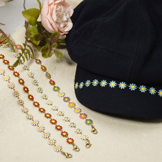 Picture of 1 Piece Vacuum Plating 304 Stainless Steel Hat Cap Decoration Chain 18K Gold Plated Multicolor Daisy Flower Enamel 26cm(10 2/8") long