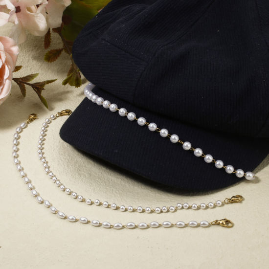 Picture of 1 Piece Vacuum Plating 304 Stainless Steel Hat Cap Decoration Chain 18K Gold Plated White Imitation Pearl 25cm(9 7/8") long
