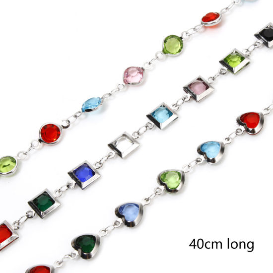 Picture of 304 Stainless Steel Handmade Link Chain Necklace Silver Tone With Lobster Claw Clasp And Extender Chain Multicolor Rhinestone 40cm(15.7") long