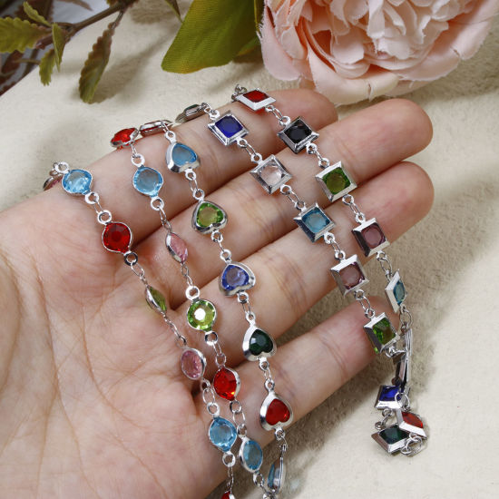 Picture of 304 Stainless Steel Handmade Link Chain Necklace Silver Tone With Lobster Claw Clasp And Extender Chain Multicolor Rhinestone 40cm(15.7") long