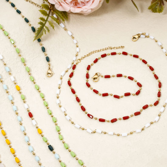 Imagen de 1 Unidad Enchapado al Vacío 304 Acero Inoxidable Cadena de Cuentas Collares Chapado en Oro de 18K Multicolor Cilíndrico Sección 40cm longitud