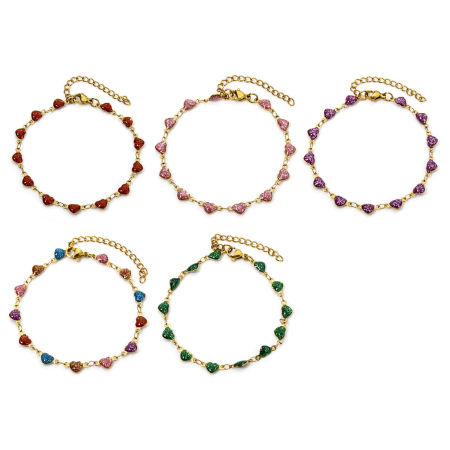 Vacuum Plating 304 Stainless Steel Enamelled Sequins Handmade Link Chain Bracelets 18K Gold Plated Multicolor Heart Glitter 17cm(6.7") long