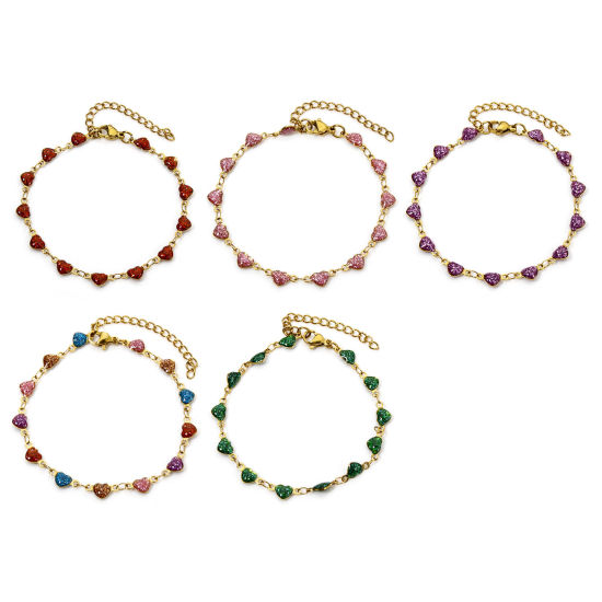 Image de 1 Pièce Bracelets Chaîne à Maillons Faite à la Main Sequins Emaillés Double Face en 304 Acier Inoxydable Placage sous Vide Plaqué Or 18K Multicolore Cœur Brillant Paillettes 17cm long
