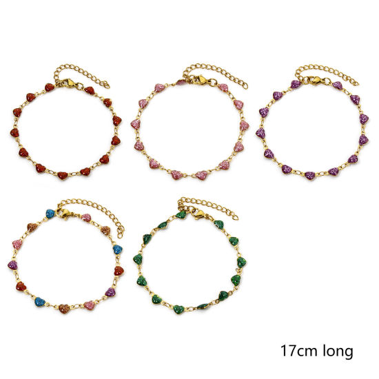 Image de 1 Pièce Bracelets Chaîne à Maillons Faite à la Main Sequins Emaillés Double Face en 304 Acier Inoxydable Placage sous Vide Plaqué Or 18K Multicolore Cœur Brillant Paillettes 17cm long