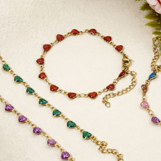 Image de 1 Pièce Bracelets Chaîne à Maillons Faite à la Main Sequins Emaillés Double Face en 304 Acier Inoxydable Placage sous Vide Plaqué Or 18K Multicolore Cœur Brillant Paillettes 17cm long