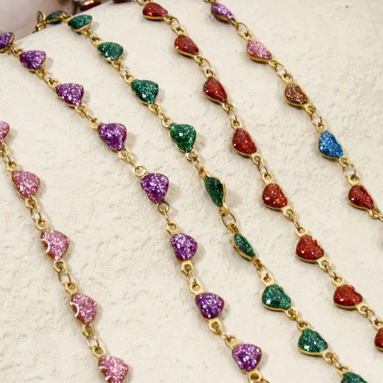 Image de 1 Pièce Bracelets Chaîne à Maillons Faite à la Main Sequins Emaillés Double Face en 304 Acier Inoxydable Placage sous Vide Plaqué Or 18K Multicolore Cœur Brillant Paillettes 17cm long
