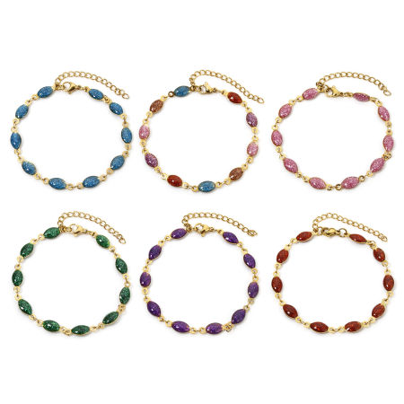 Vacuum Plating 304 Stainless Steel Enamelled Sequins Handmade Link Chain Bracelets 18K Gold Plated Multicolor Marquise Glitter 17cm(6.7") long
