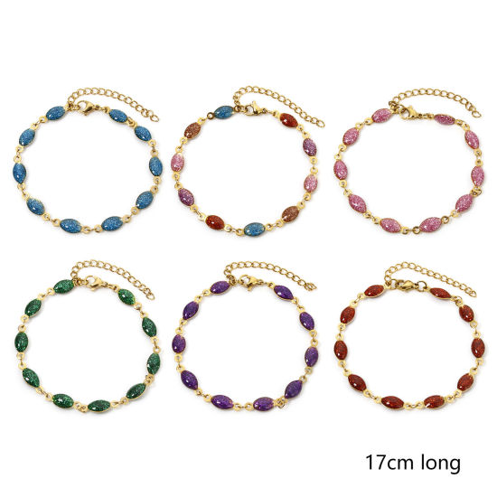 Image de 1 Pièce Bracelets Chaîne à Maillons Faite à la Main Sequins Emaillés Double Face en 304 Acier Inoxydable Placage sous Vide Plaqué Or 18K Multicolore Marquise Brillant Paillettes 17cm long