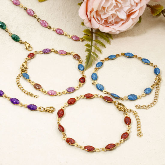 Image de 1 Pièce Bracelets Chaîne à Maillons Faite à la Main Sequins Emaillés Double Face en 304 Acier Inoxydable Placage sous Vide Plaqué Or 18K Multicolore Marquise Brillant Paillettes 17cm long