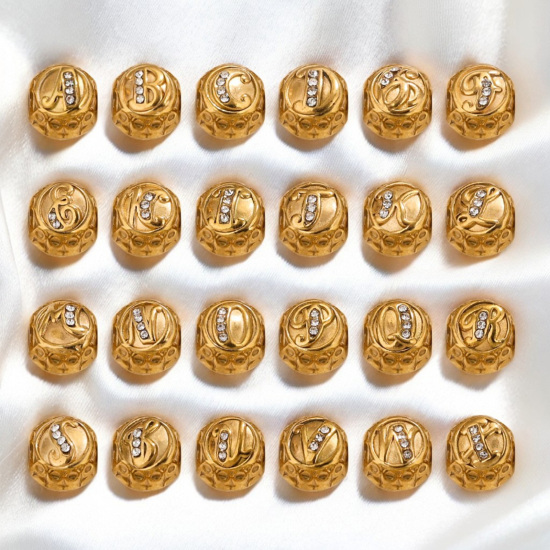 Immagine di 1 Pz Placcatura Sottovuoto 304 Acciaio Inossidabile Doppia Faccia Perline per la Creazione di Gioielli con Fai-da-te Tondo Placcato Oro 18K Lettere " A-Z " Micro Spianare Trasparente Strass 11mm x 10mm, Buco: Circa 4.2mm