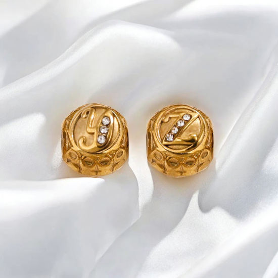Immagine di 1 Pz Placcatura Sottovuoto 304 Acciaio Inossidabile Doppia Faccia Perline per la Creazione di Gioielli con Fai-da-te Tondo Placcato Oro 18K Lettere " A-Z " Micro Spianare Trasparente Strass 11mm x 10mm, Buco: Circa 4.2mm