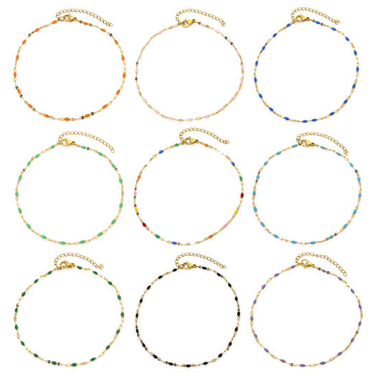 Immagine di 1 Pz Placcatura Sottovuoto 304 Acciaio Inossidabile Catena delle Labbra Cavigliere Placcato Oro 18K Smalto 24.5cm lunghezza