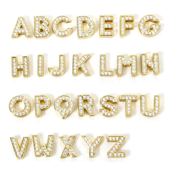 Picture of Eco-friendly Brass Beads For DIY Jewelry Making 18K Real Gold Plated Capital Alphabet Initial Letter Micro Pave Clear Cubic Zirconia