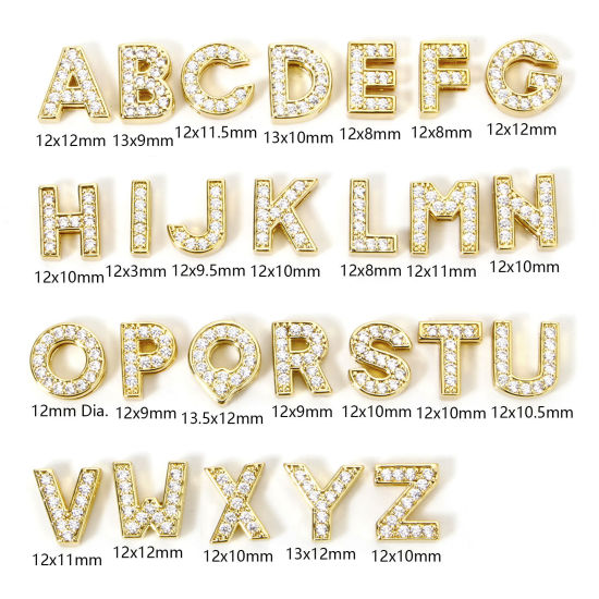 Picture of Eco-friendly Brass Beads For DIY Jewelry Making 18K Real Gold Plated Capital Alphabet Initial Letter Micro Pave Clear Cubic Zirconia