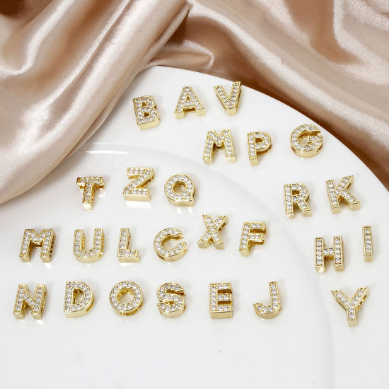 Picture of Eco-friendly Brass Beads For DIY Jewelry Making 18K Real Gold Plated Capital Alphabet Initial Letter Micro Pave Clear Cubic Zirconia