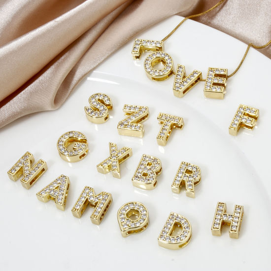 Picture of Eco-friendly Brass Beads For DIY Jewelry Making 18K Real Gold Plated Capital Alphabet Initial Letter Micro Pave Clear Cubic Zirconia