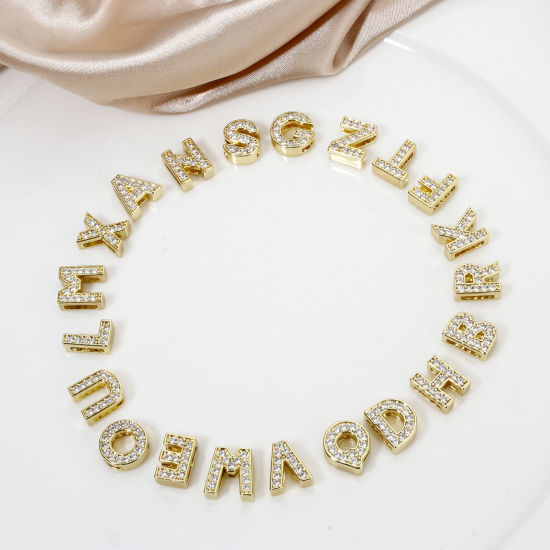 Picture of Eco-friendly Brass Beads For DIY Jewelry Making 18K Real Gold Plated Capital Alphabet Initial Letter Micro Pave Clear Cubic Zirconia