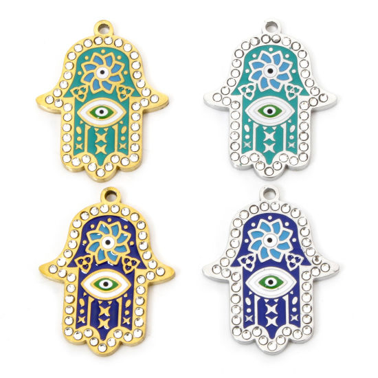 Picture of Eco-friendly Vacuum Plating 304 Stainless Steel & Rhinestone Religious Charmes Gold Plated Hamsa Symbol Hand Enamel 26mm x 20.5mm