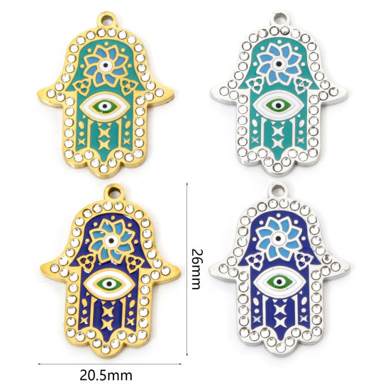 Picture of Eco-friendly Vacuum Plating 304 Stainless Steel & Rhinestone Religious Charmes Gold Plated Hamsa Symbol Hand Enamel 26mm x 20.5mm