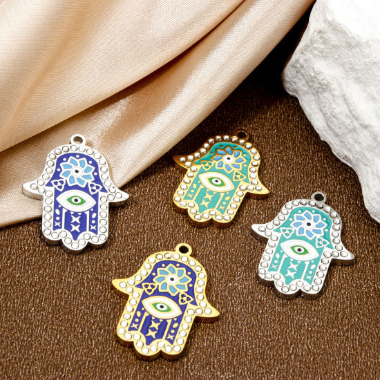 Picture of Eco-friendly Vacuum Plating 304 Stainless Steel & Rhinestone Religious Charmes Gold Plated Hamsa Symbol Hand Enamel 26mm x 20.5mm