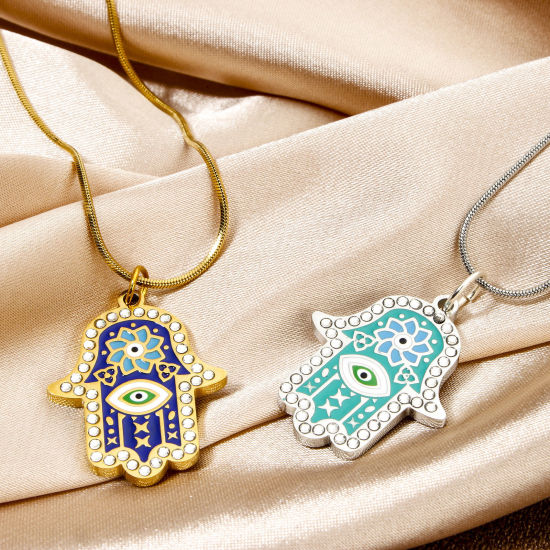 Picture of Eco-friendly Vacuum Plating 304 Stainless Steel & Rhinestone Religious Charmes Gold Plated Hamsa Symbol Hand Enamel 26mm x 20.5mm