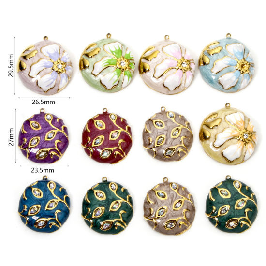 Picture of Eco-friendly Vacuum Plating 304 Stainless Steel & Rhinestone Flora Collection Charmes Gold Plated Round Disc Enamel