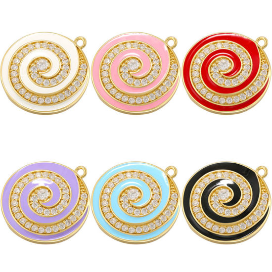Immagine di 1 Pz Ottone Ciondoli Tondo Placcato Oro 14K Multicolore Spirale Smalto Trasparente Cubic Zirconiae 27mm x 24mm