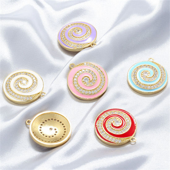 Immagine di 1 Pz Ottone Ciondoli Tondo Placcato Oro 14K Multicolore Spirale Smalto Trasparente Cubic Zirconiae 27mm x 24mm