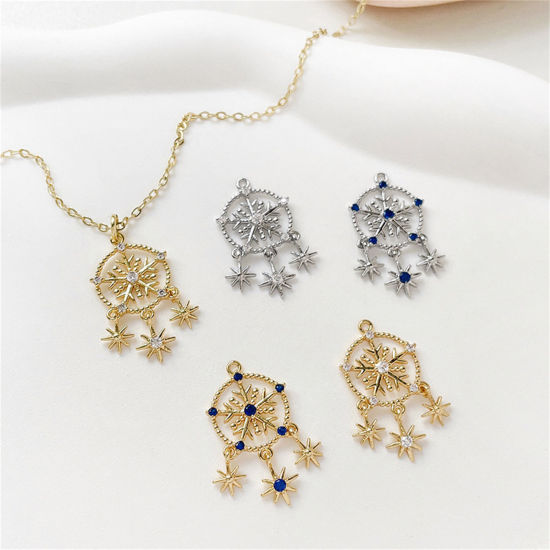 Picture of Brass Christmas Charms Multicolor Dream Catcher Snowflake Hollow Clear Cubic Zirconia 24mm x 14mm
