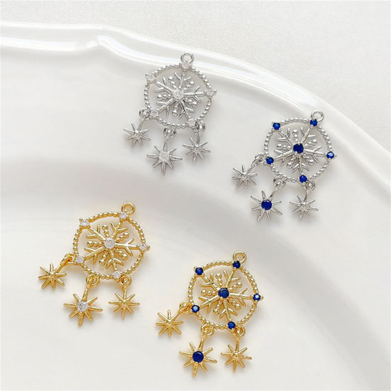 Picture of Brass Christmas Charms Multicolor Dream Catcher Snowflake Hollow Clear Cubic Zirconia 24mm x 14mm