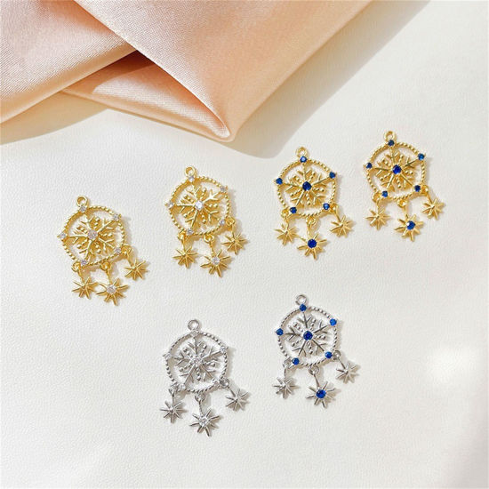 Picture of Brass Christmas Charms Multicolor Dream Catcher Snowflake Hollow Clear Cubic Zirconia 24mm x 14mm