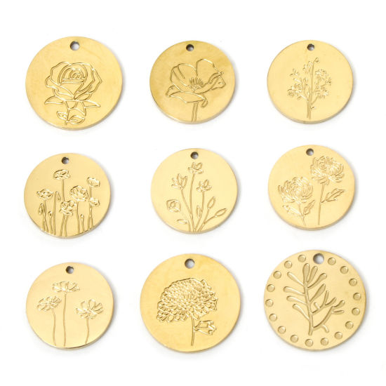 Изображение 2 ШТ Экологически чистое вакуумное покрытие 304 Нержавеющая Сталь Месяц рождения цветок Подвески Круглые Позолоченный Роза коррозия