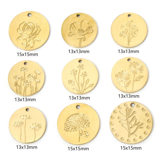 Изображение 2 ШТ Экологически чистое вакуумное покрытие 304 Нержавеющая Сталь Месяц рождения цветок Подвески Круглые Позолоченный Роза коррозия