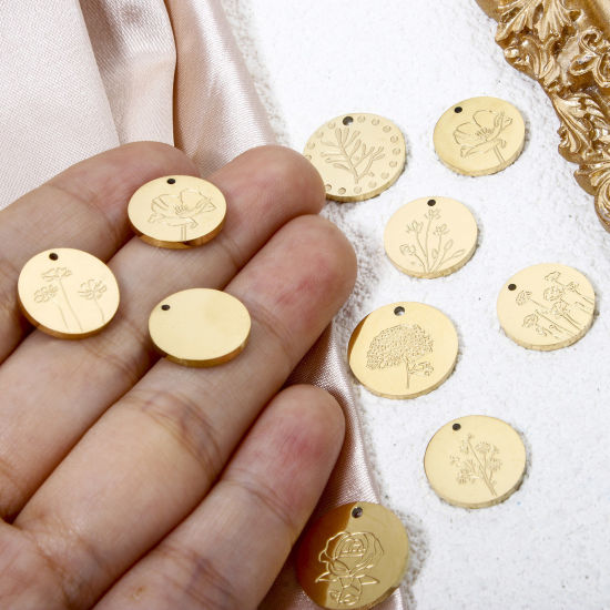 Изображение 2 ШТ Экологически чистое вакуумное покрытие 304 Нержавеющая Сталь Месяц рождения цветок Подвески Круглые Позолоченный Роза коррозия