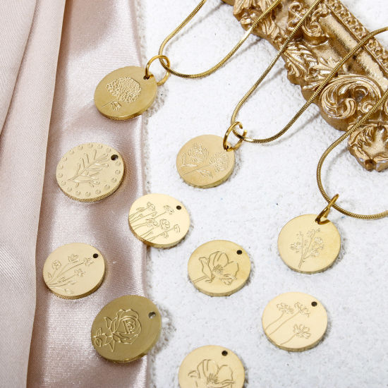 Изображение 2 ШТ Экологически чистое вакуумное покрытие 304 Нержавеющая Сталь Месяц рождения цветок Подвески Круглые Позолоченный Роза коррозия