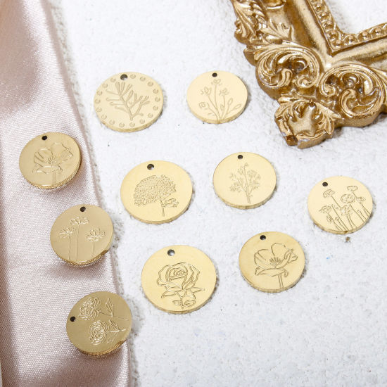 Изображение 2 ШТ Экологически чистое вакуумное покрытие 304 Нержавеющая Сталь Месяц рождения цветок Подвески Круглые Позолоченный Роза коррозия