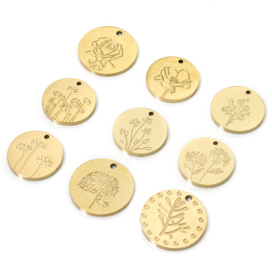 Изображение 2 ШТ Экологически чистое вакуумное покрытие 304 Нержавеющая Сталь Месяц рождения цветок Подвески Круглые Позолоченный Роза коррозия