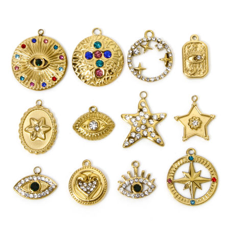 Eco-friendly Vacuum Plating 304 Stainless Steel Galaxy Charmes Gold Plated Evil Eye Star Clear Rhinestone