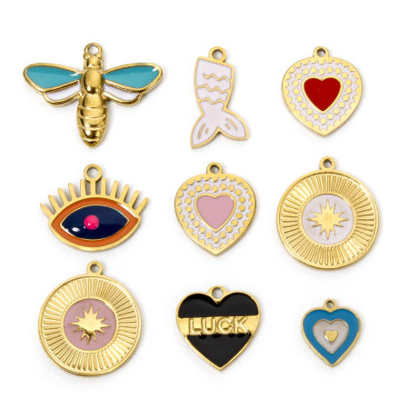 Eco-friendly Vacuum Plating 304 Stainless Steel Charmes Gold Plated Heart Bee Enamel