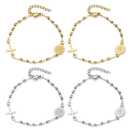 304 Stainless Steel Religious Curb Link Chain Bracelets Cross Virgin Mary 18.5cm(7 2/8") long
