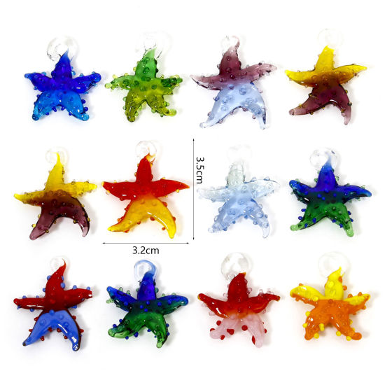 Picture of Lampwork Glass Ocean Jewelry Pendants Multicolor Two Tone Star Fish 3D 3.5cm x 3.2cm