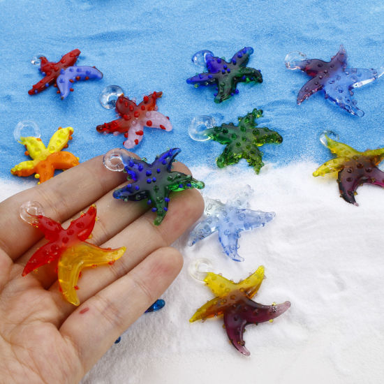 Picture of Lampwork Glass Ocean Jewelry Pendants Multicolor Two Tone Star Fish 3D 3.5cm x 3.2cm