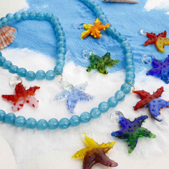 Picture of Lampwork Glass Ocean Jewelry Pendants Multicolor Two Tone Star Fish 3D 3.5cm x 3.2cm