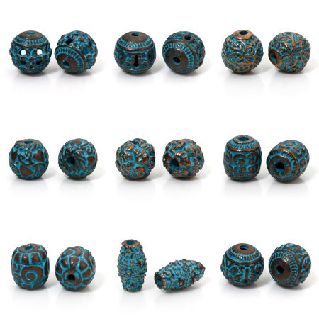 Zinc Based Alloy Patina Spacer Beads For DIY Jewelry Making Antique Copper Blue Round Carved Pattern